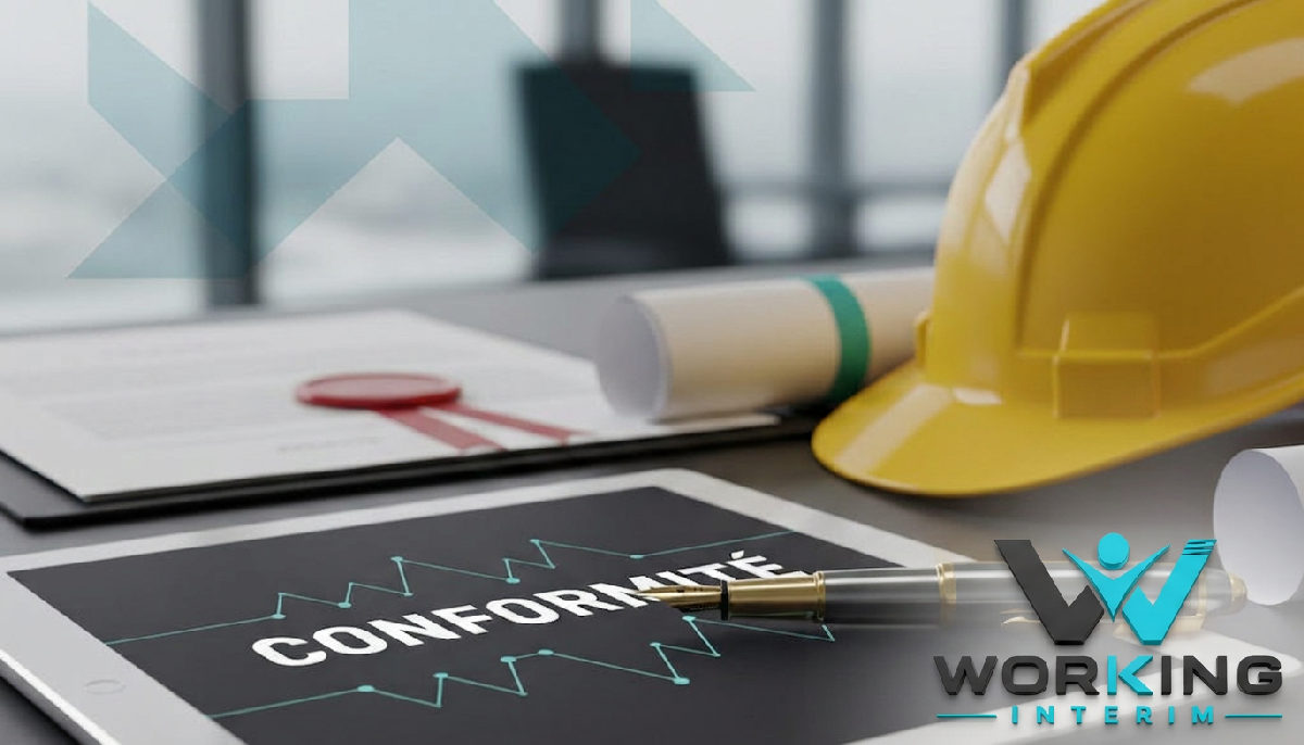 Document 'CONFORMITÉ' et casque de chantier sur un bureau.