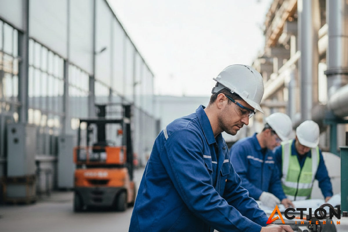 Ouvriers qualifiés sur site industriel, main-d'œuvre spécialisée en action.
