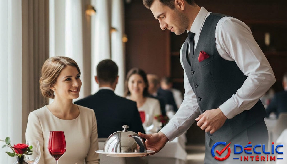 Un serveur attentionné sert des clients dans un restaurant français chic.