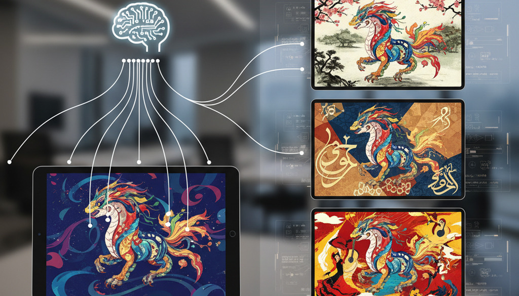 AI adapts content for multiple languages and cultures: Japanese, Arabic, Spanish.