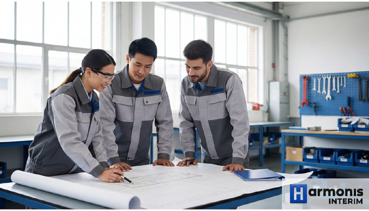 Équipe de techniciens en réunion, illustrant collaboration et succès.