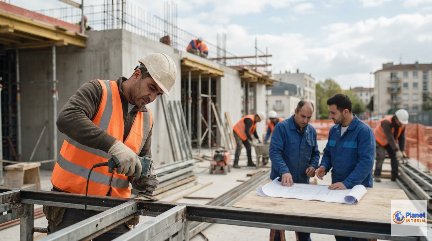 assurance responsabilité civile intérimaires roumains - Ouvriers sur un chantier en France, illustrant la nécessité d'une assurance responsabilité civile.