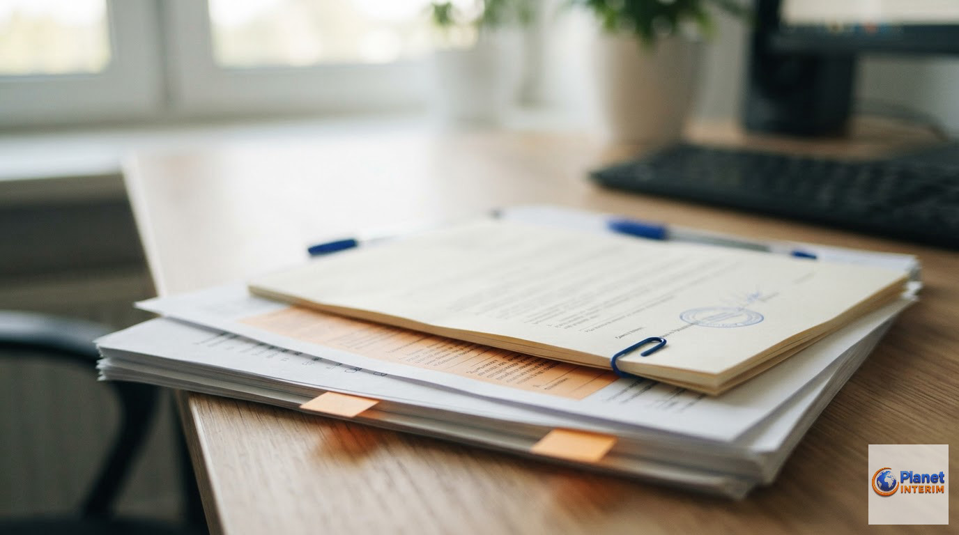 Dossier administratif avec formulaire A1 et contrats pour le détachement de travailleurs.
