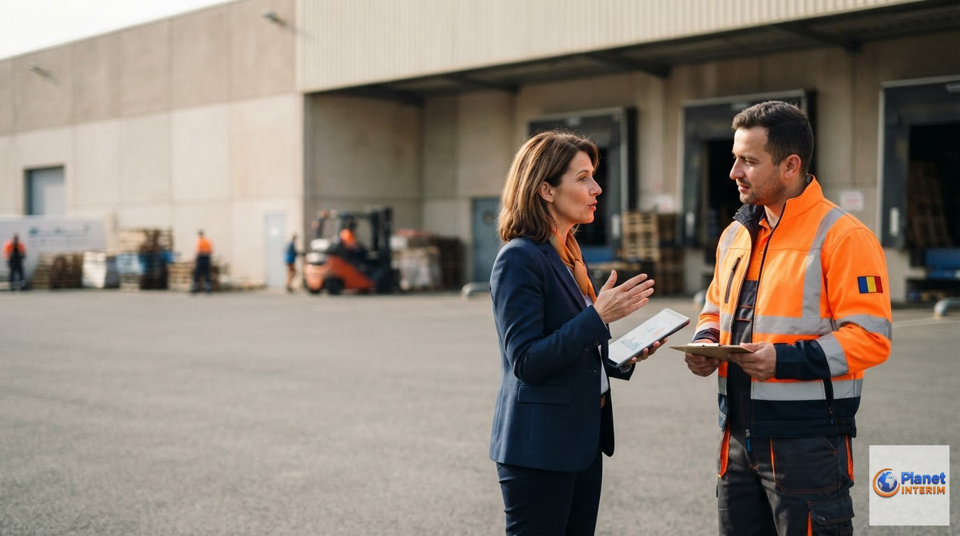 Gestionnaire RH et chef d'équipe roumain discutant devant un entrepôt logistique.