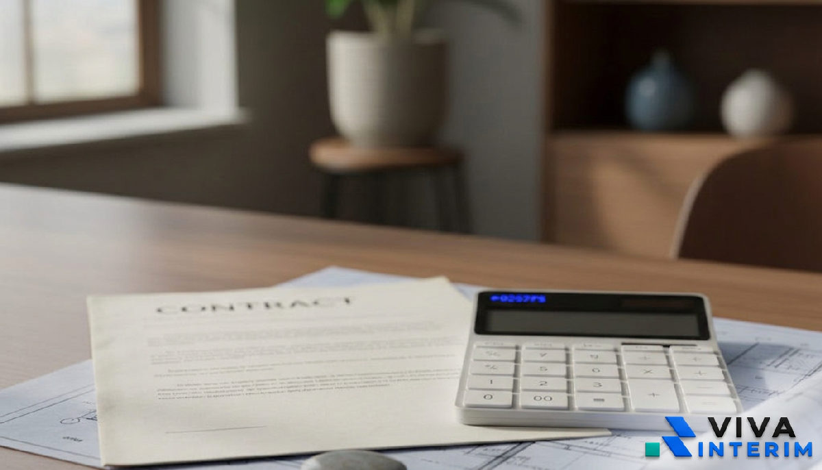 Contrat de recrutement, calculatrice et plans de bâtiment.