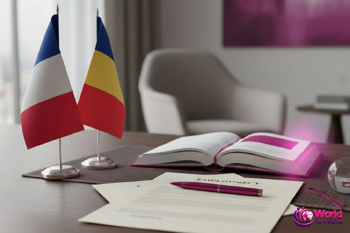 Documents juridiques et drapeaux français et roumain symbolisant la conformité.