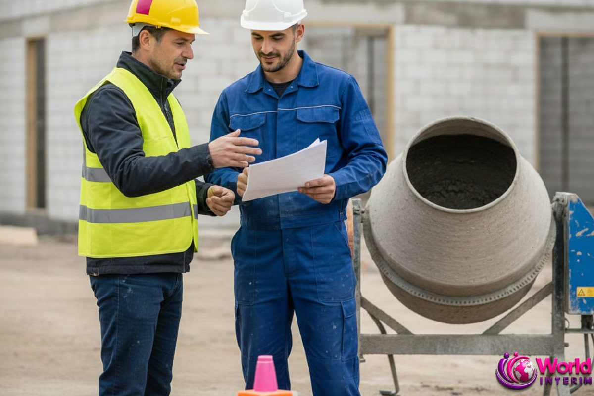 Chef de chantier français et maçon roumain devant une bétonnière.