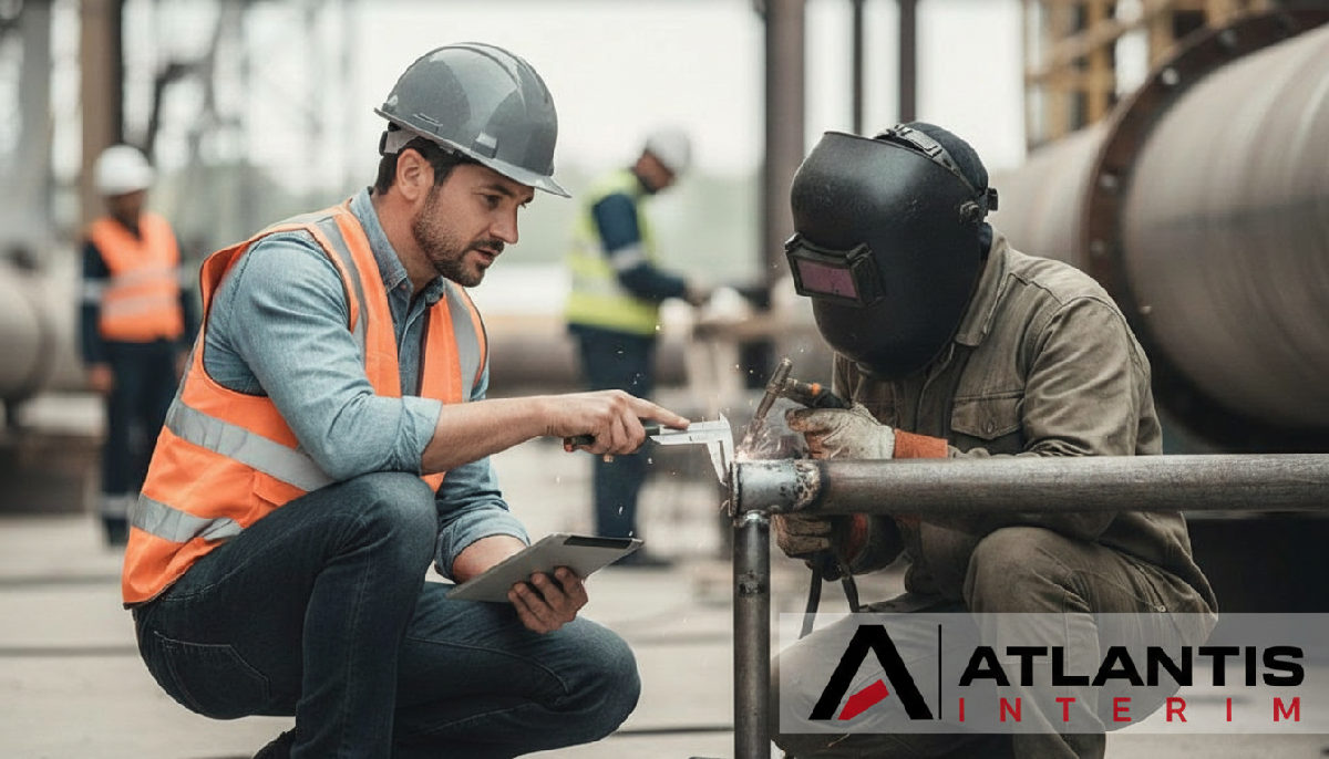garanties agence intérim roumanie détachement - Ingénieur français évaluant un soudeur roumain sur un chantier.