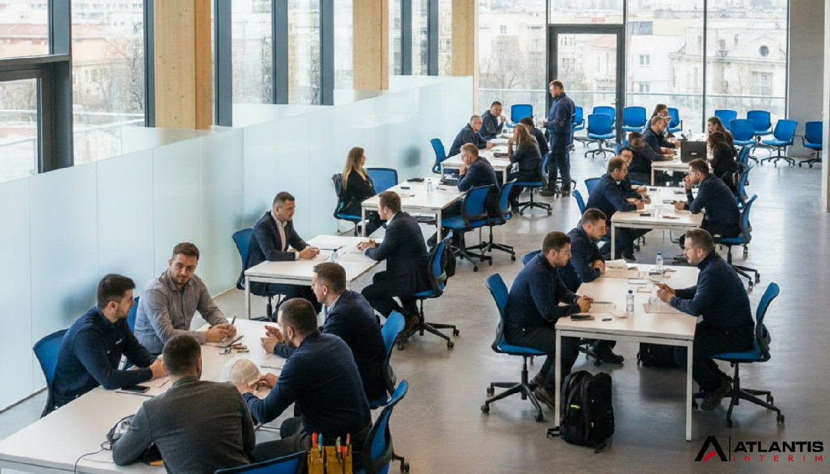 Techniciens roumains en entretien dans un centre de recrutement à Bucarest.