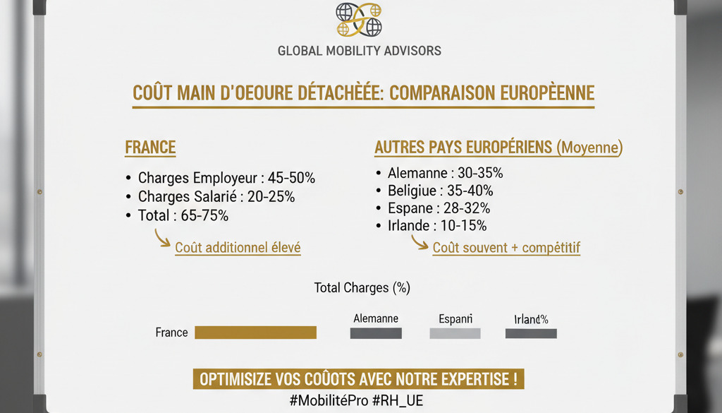 Comparaison des charges sociales françaises et européennes sur tableau blanc.