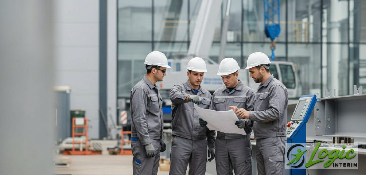 Travailleurs roumains et français travaillant ensemble sur un site moderne.