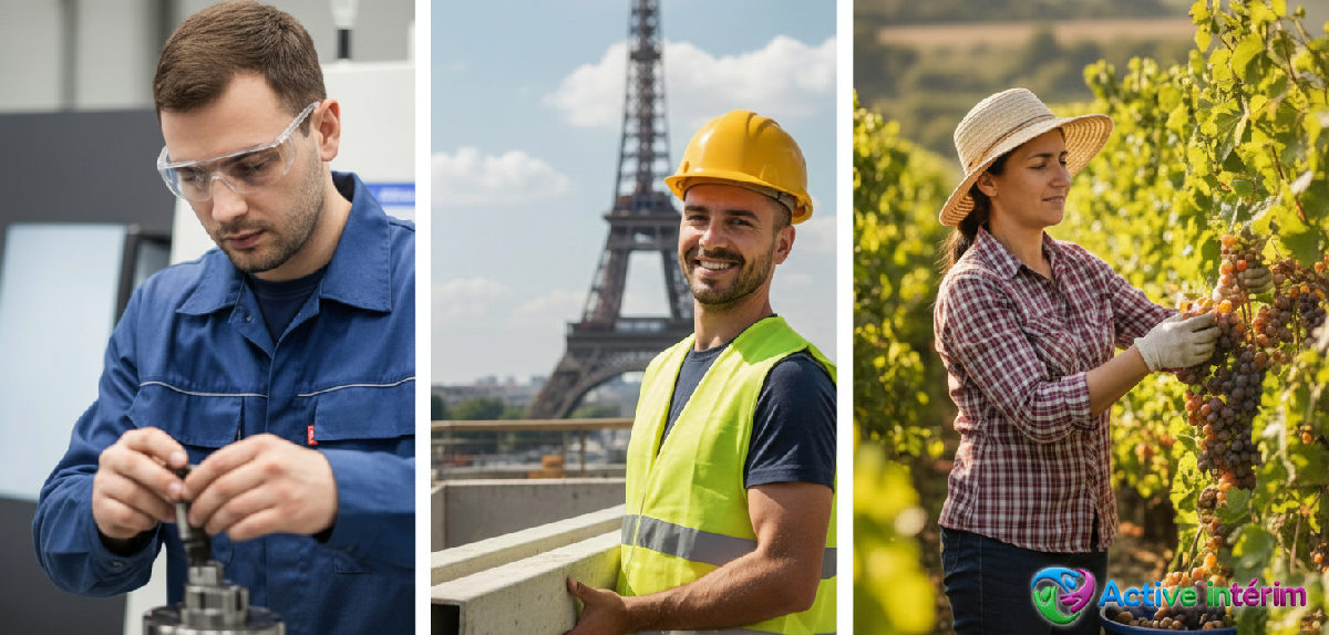 Profils variés : opérateur CNC, ouvrier BTP, moissonneur roumain.