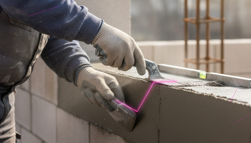 Mains d'un maçon roumain travaillant avec précision.