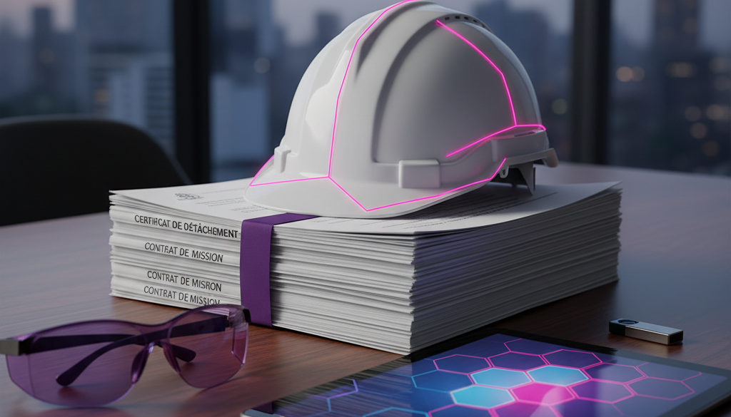 Conformité légale : documents officiels et casque de chantier.