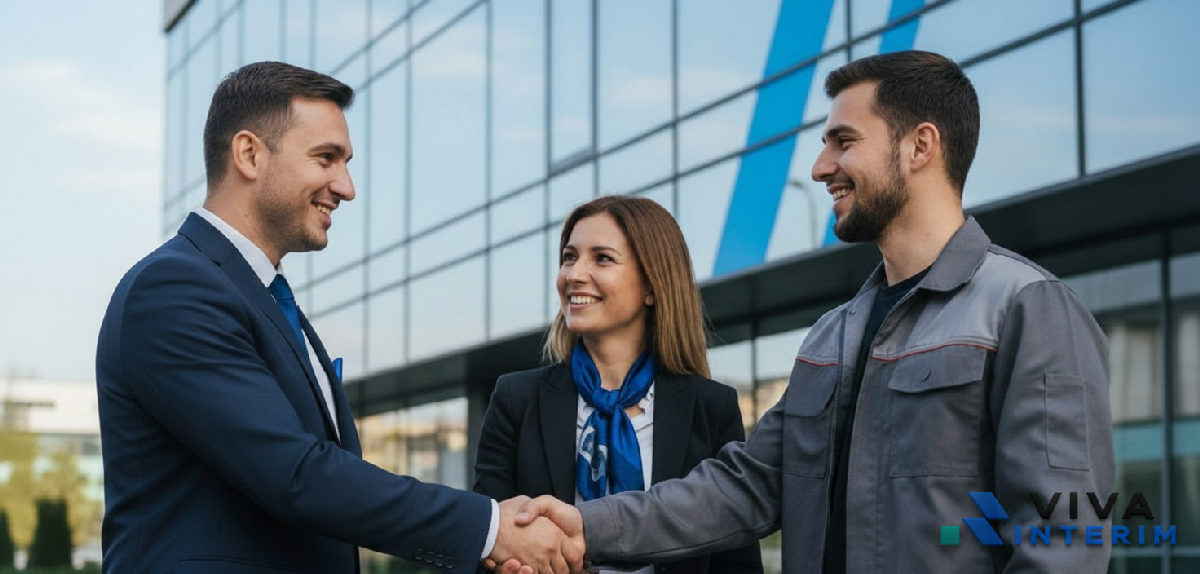 Professionnels du recrutement et travailleurs se serrant la main devant un bureau.
