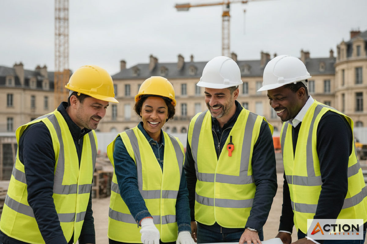 Équipe multiculturelle sur un chantier de construction à Bordeaux.