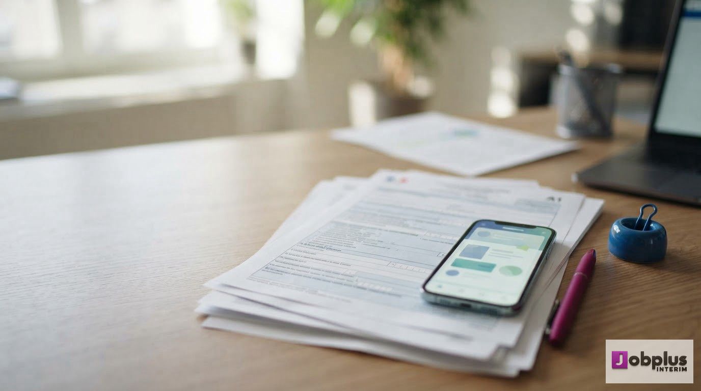 Un bureau organisé avec des documents administratifs et un smartphone.
