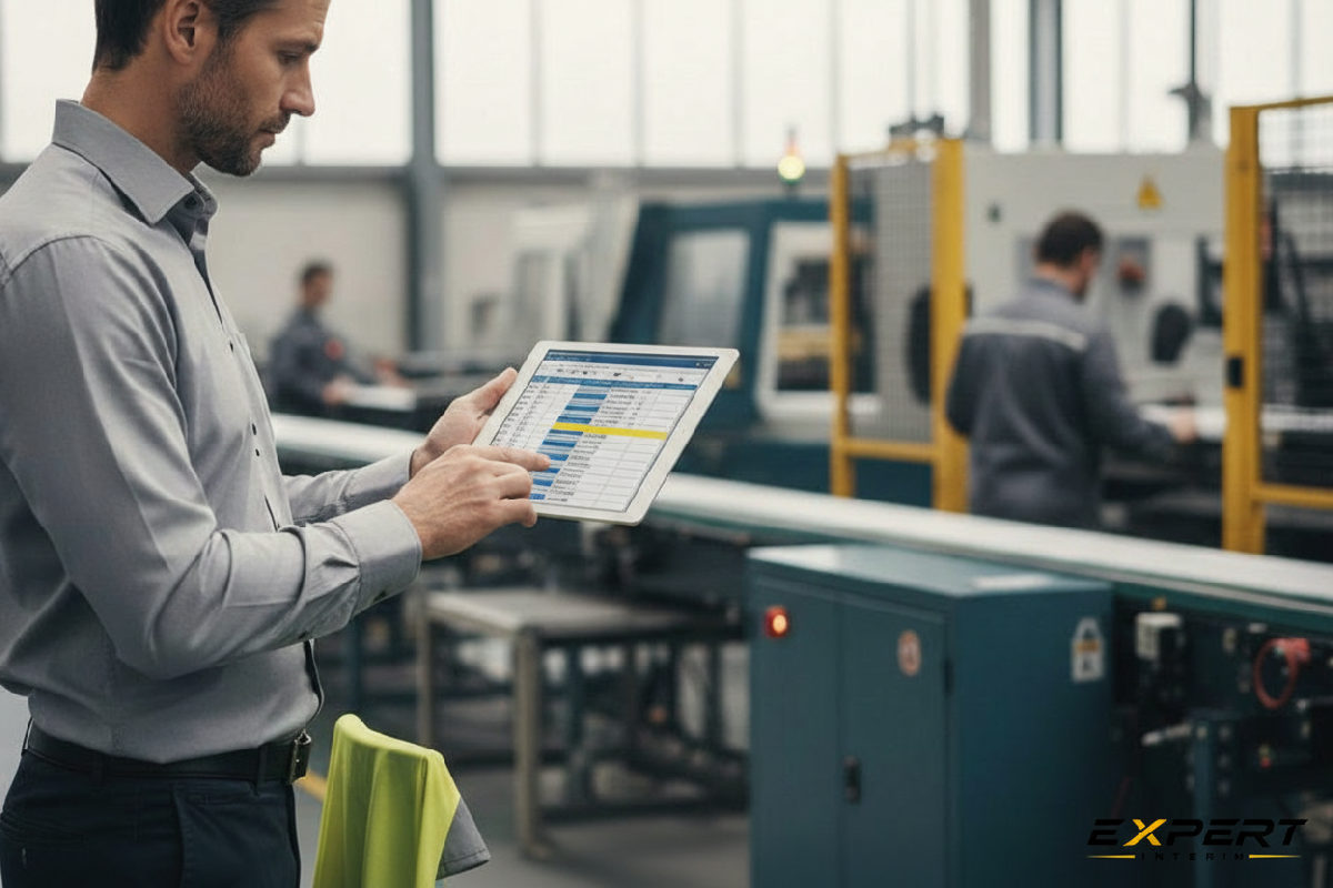 planifier missions intérim industrie sans ruptures - Un responsable planifie des missions d'intérim sur une tablette.