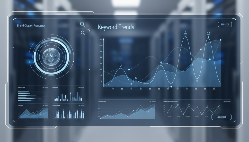 Dashboard futuristica con analisi SEO IA e previsione delle tendenze.