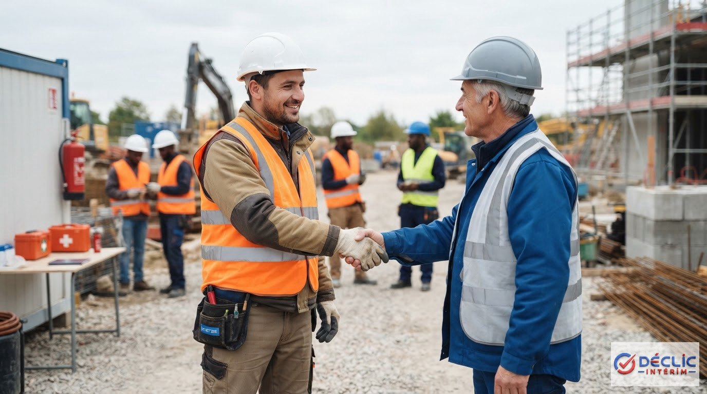 Un ouvrier roumain et son chef de chantier se serrant la main sur site.