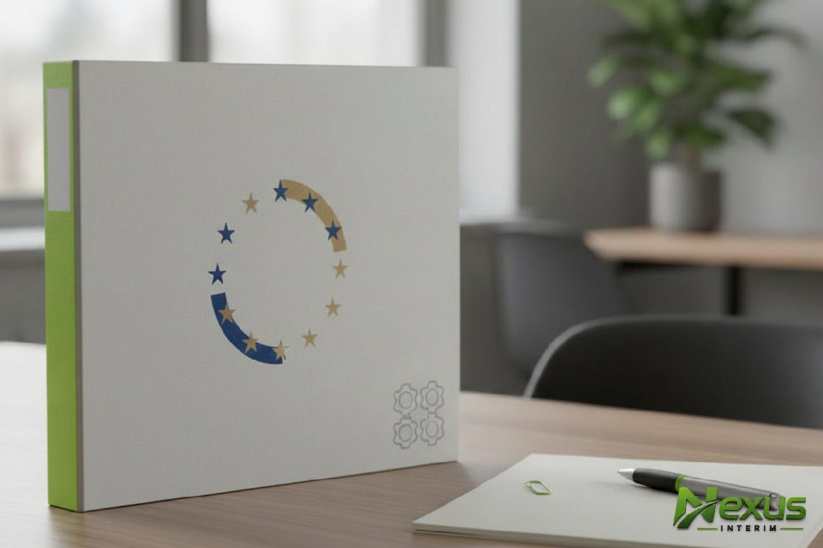 Dossier administratif avec logos de l'Union Européenne symbolisant la conformité.