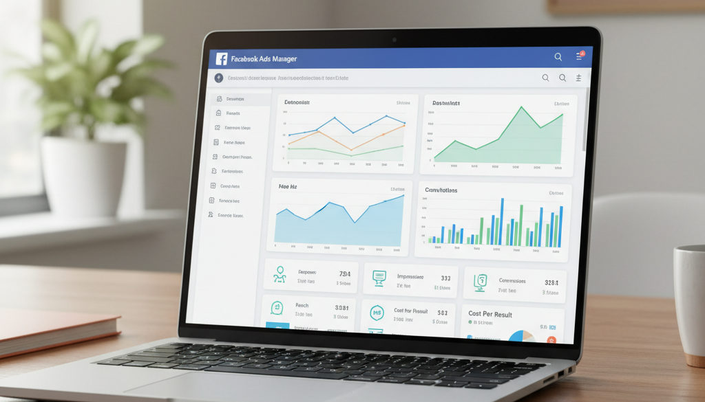 Dashboard Facebook Ads Manager: metrici performanță campanie publicitară.