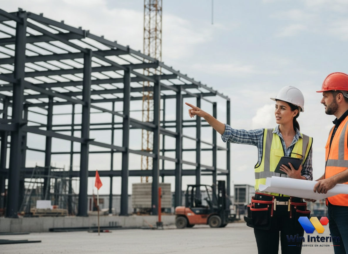 comment débloquer ifm intérim employeur - Un chef de chantier parle à un ouvrier sur un chantier moderne.