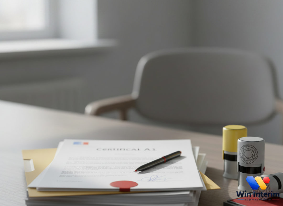 Bureau avec des documents, tampons et certificat A1 pour la sécurité juridique.
