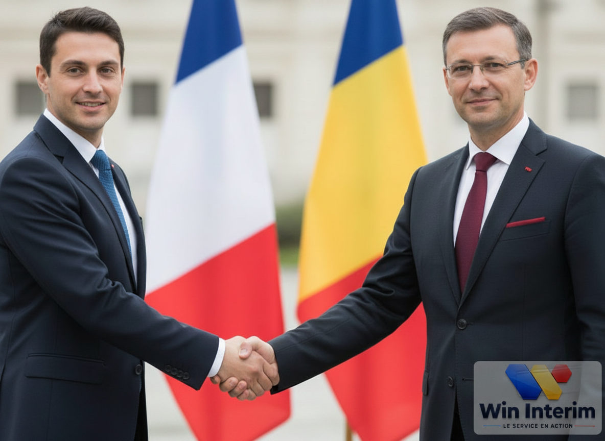 Professionnels se serrant la main devant les drapeaux français et roumain.