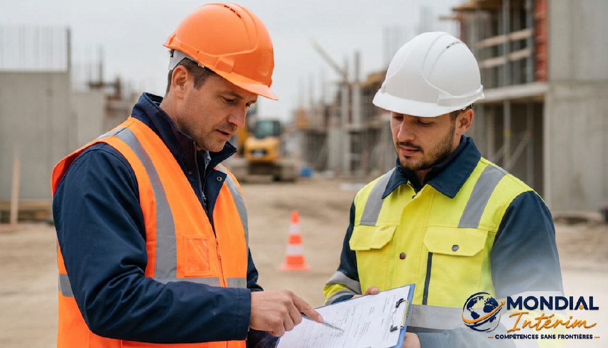 Un manager et un travailleur roumain discutent des documents de sécurité sur le chantier.