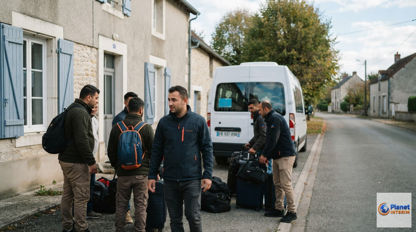 organisation transport logement intérim roumains - Un groupe d'ouvriers roumains arrivant en France près d'un véhicule de transport.