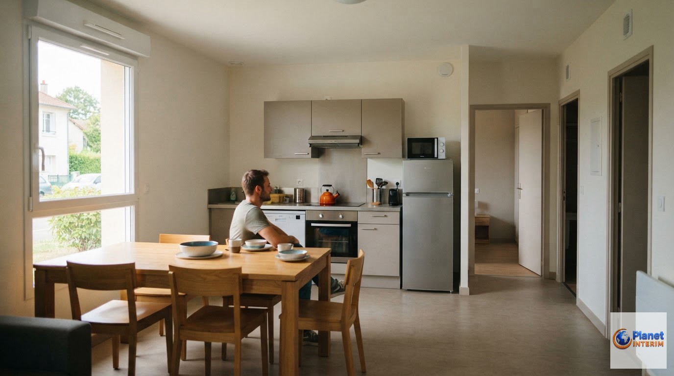 Un logement collectif moderne pour l'accueil de travailleurs intérimaires en France.