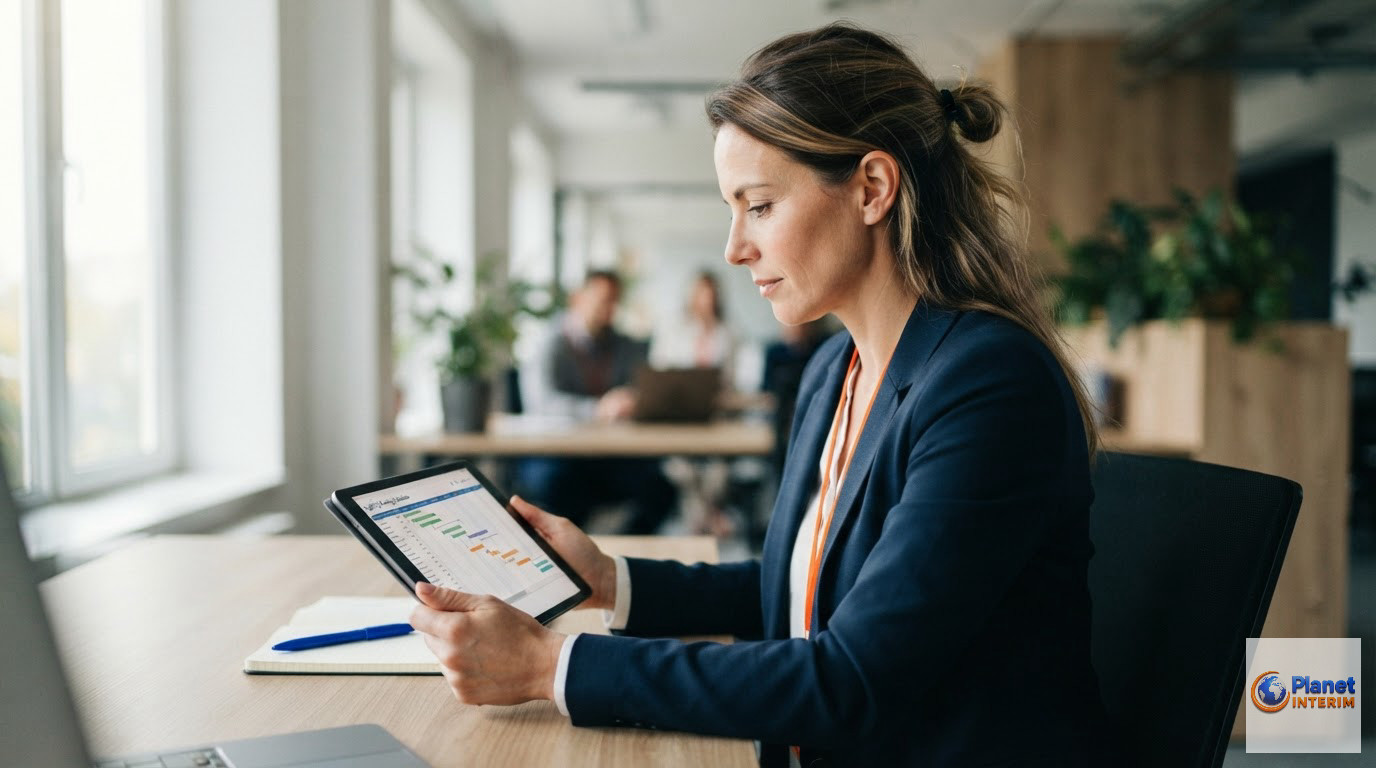 Un gestionnaire RH coordonnant la logistique de transport et logement sur tablette.