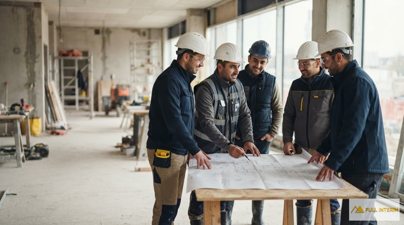 Ouvriers roumains et français collaborant sur un plan de chantier.