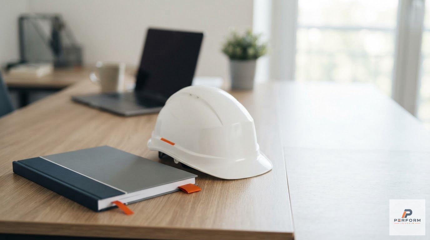Un livret d'accueil et un casque de sécurité sur un bureau professionnel.