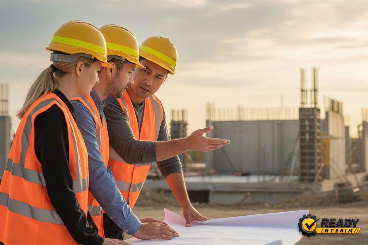coût détachement roumain - Travailleurs sur un chantier discutant de plans de construction.