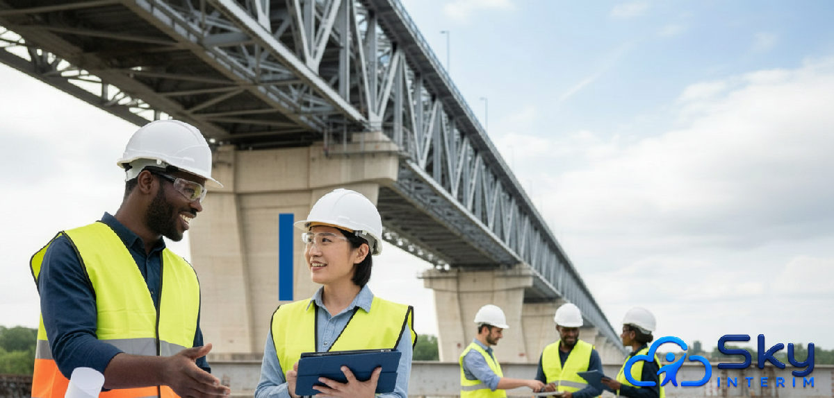 Équipe multiculturelle sur un grand projet d'infrastructure.