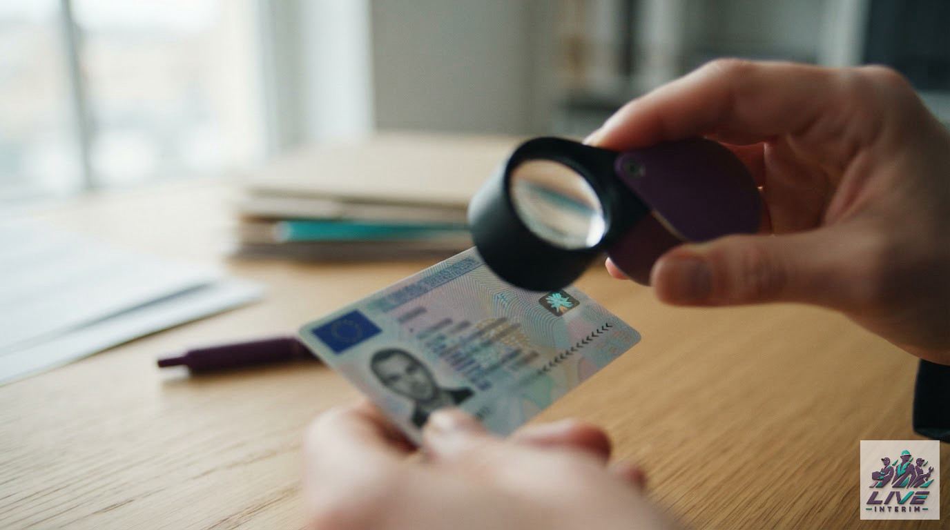 Gros plan sur les éléments de sécurité d'une carte d'identité européenne sous loupe.