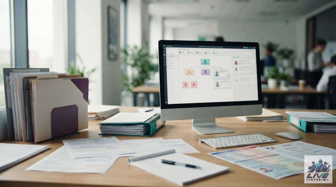 Bureau de ressources humaines avec dossiers, ordinateur et documents administratifs officiels.