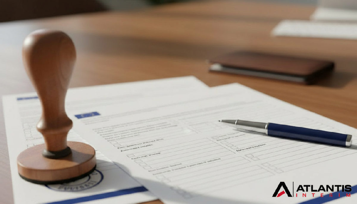Documents officiels, tampon 'Conforme' et formulaire A1 européen.