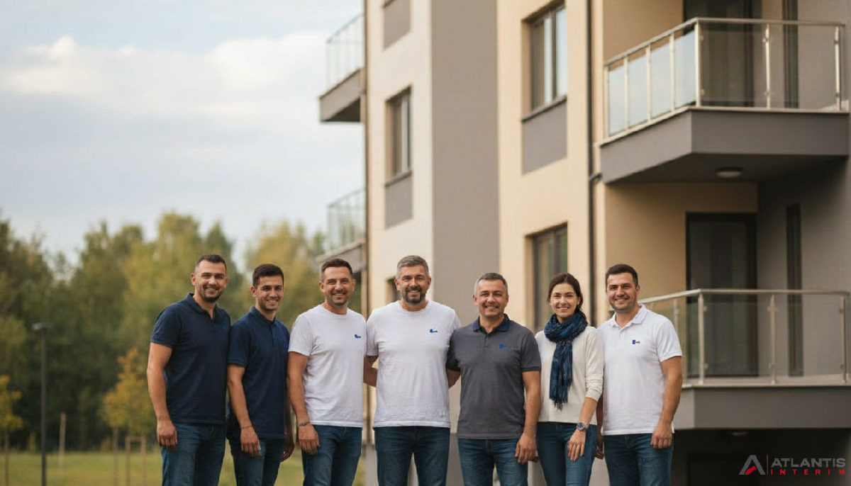 Travailleurs souriants devant un hébergement, symbolisant la logistique sociale.