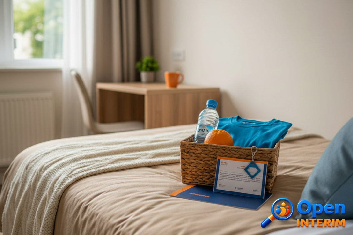 Logement propre et confortable pour les travailleurs avec un kit de bienvenue.
