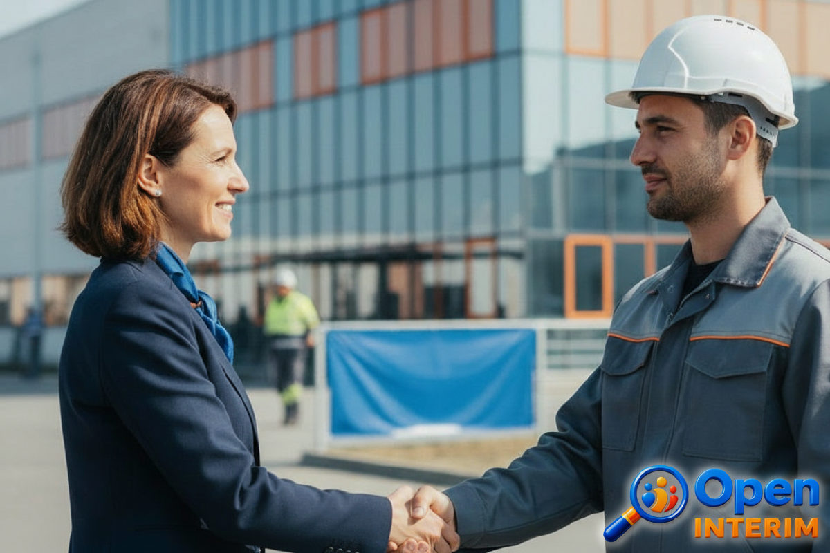 DRH français et travailleur roumain se serrant la main devant une usine.