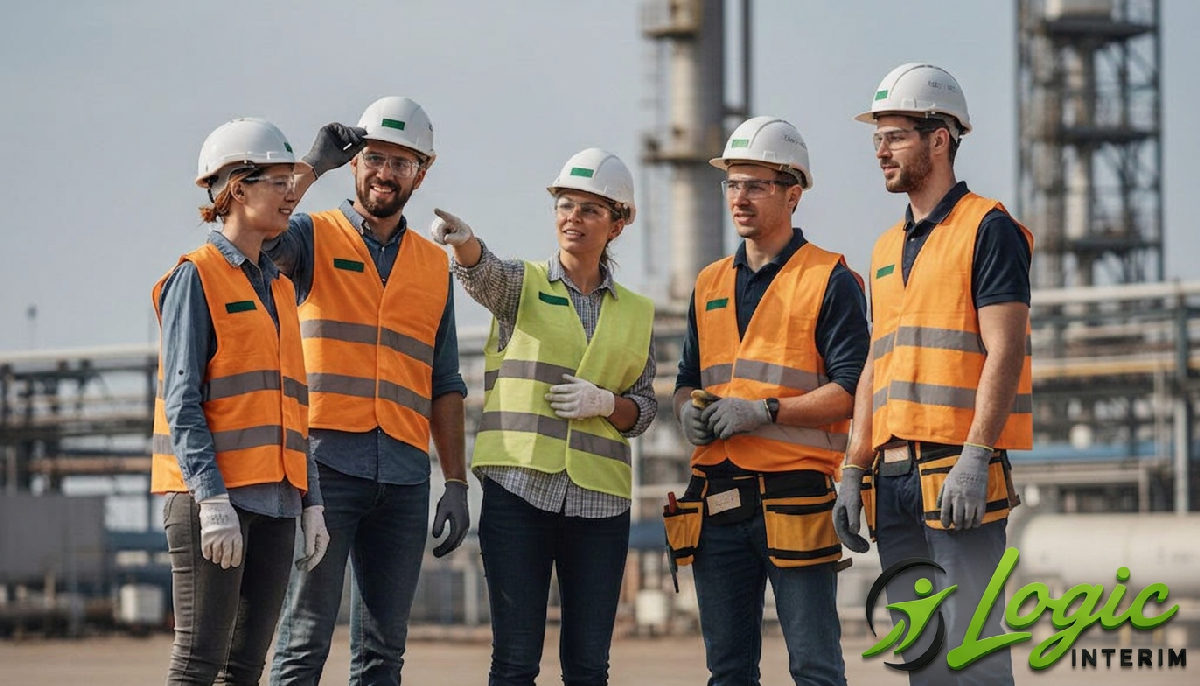 Travailleurs qualifiés en EPI sur un site industriel, main-d'œuvre européenne diversifiée.