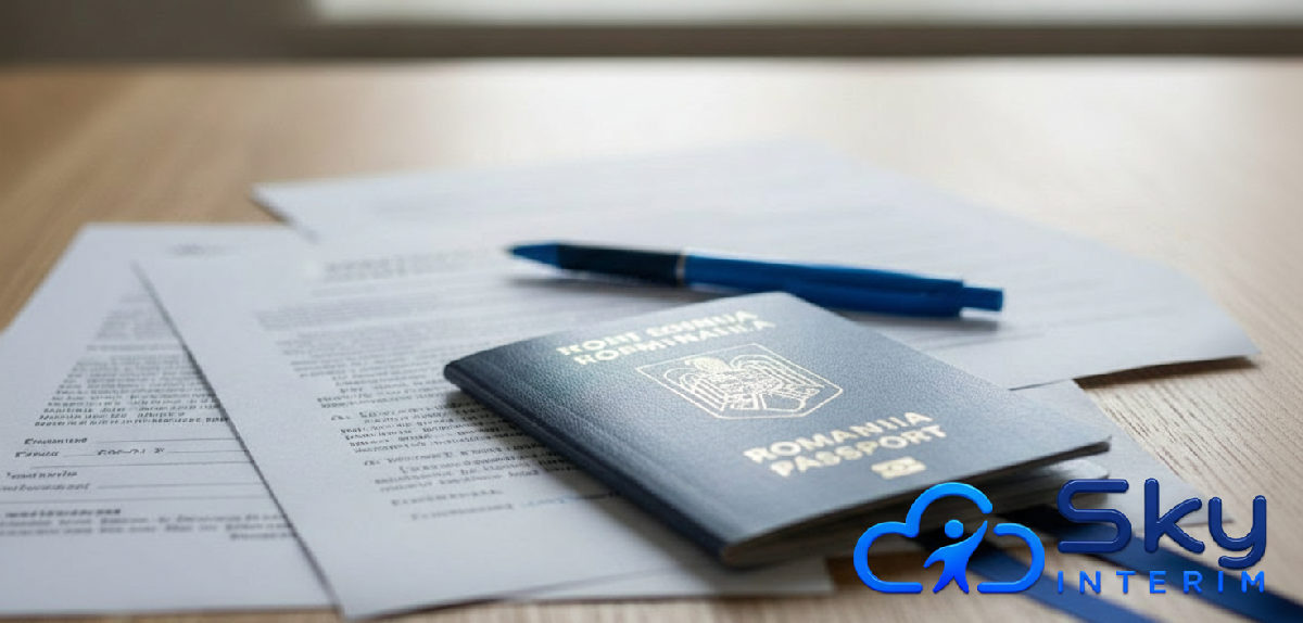 Documents légaux et passeport roumain sur un bureau.
