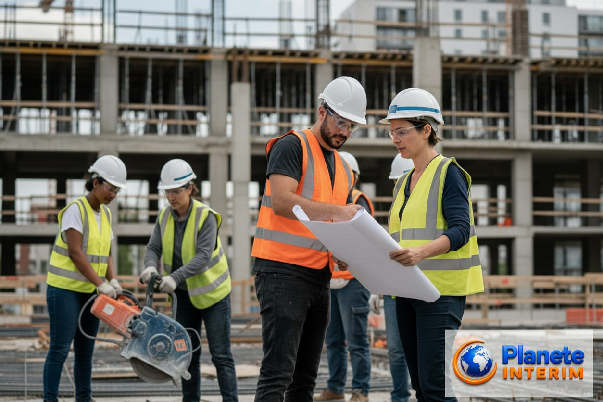 Une équipe mixte sur un chantier de construction en France.