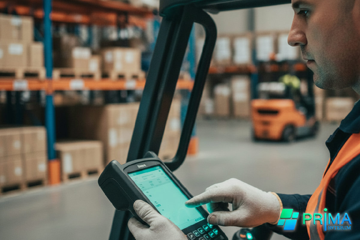 Cariste utilisant un terminal de gestion de stock