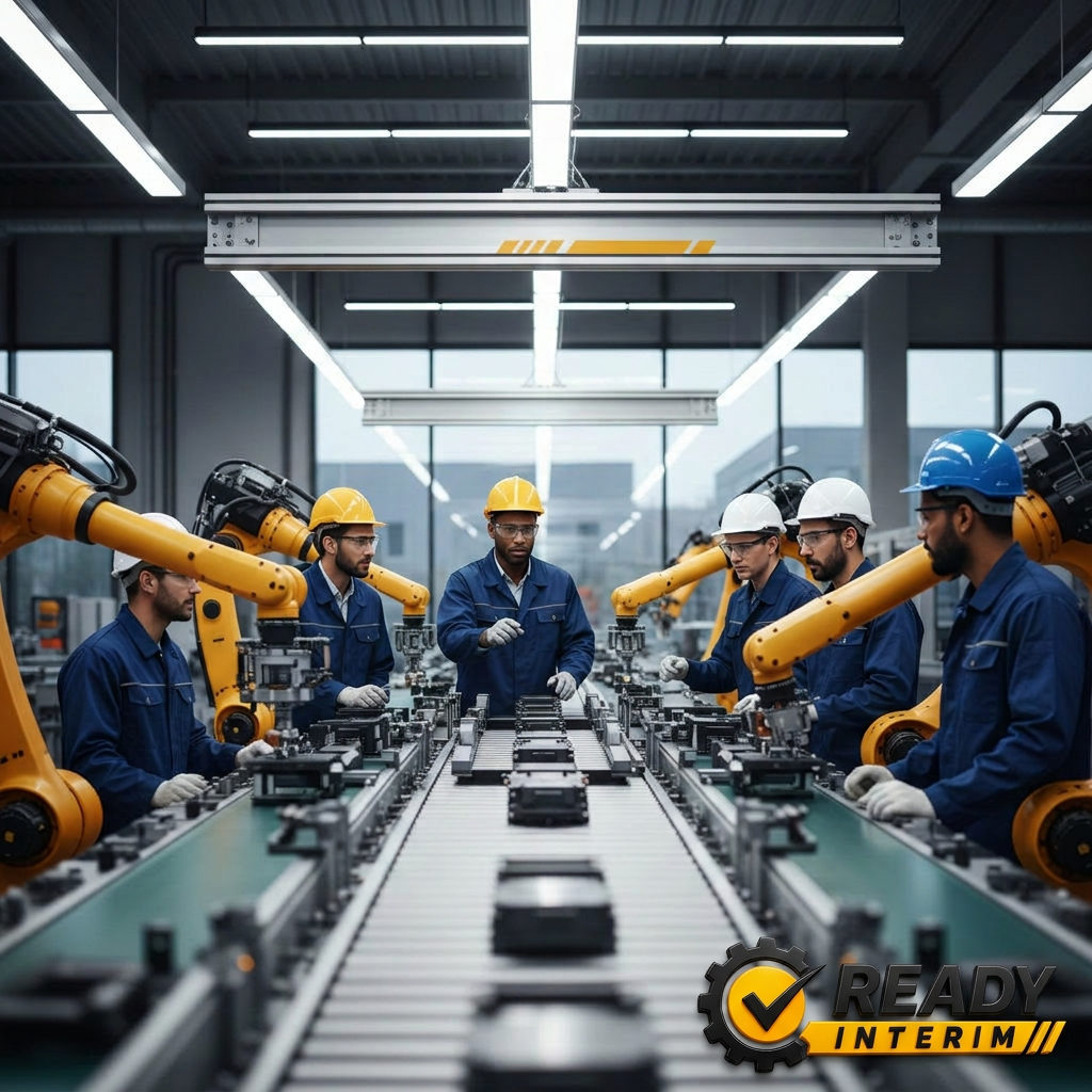 intérim industrie gestion - Ligne de production moderne avec des ouvriers qualifiés en équipe.
