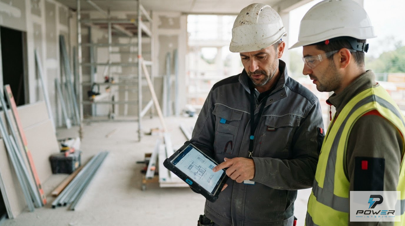 Un chef de chantier et un plaquiste discutent devant un plan numérique.