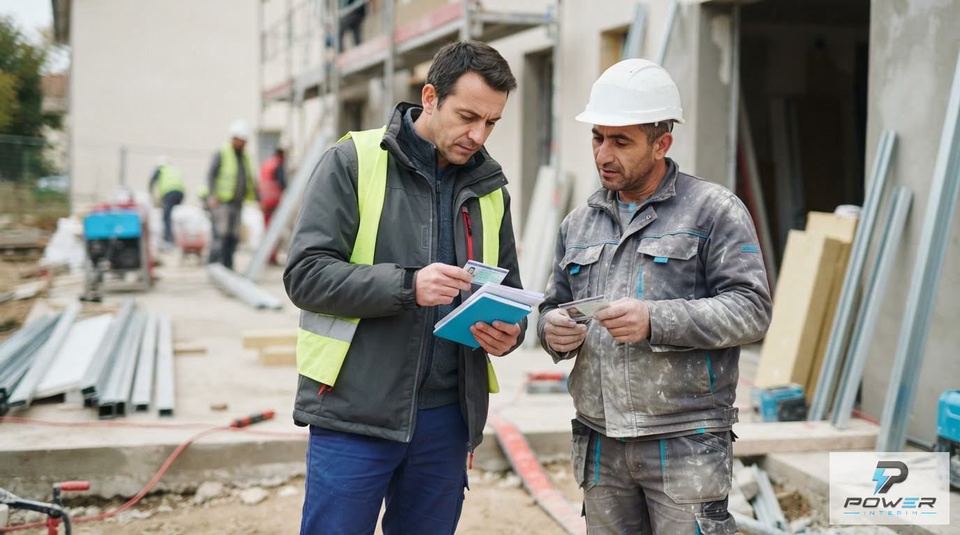 Un inspecteur vérifie les documents officiels d'un ouvrier sur un chantier.